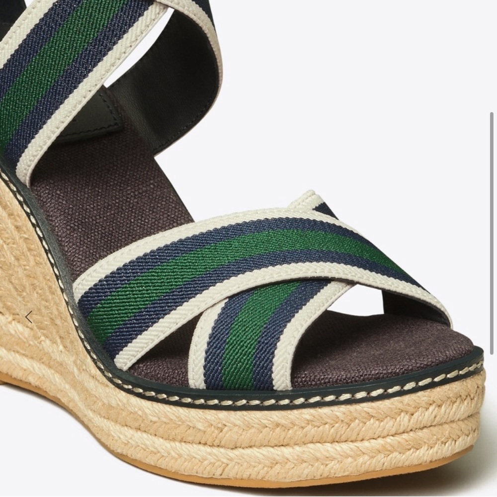 TORY BURCH Frieda Striped Espadrille Wedge Sandals - Green Blue Stripe - Sz 7.5 - Picture 3 of 11
